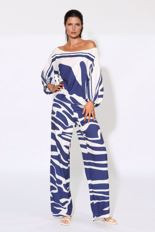 Printed Co-Ord Set with Top and Wide Trousers - Blue