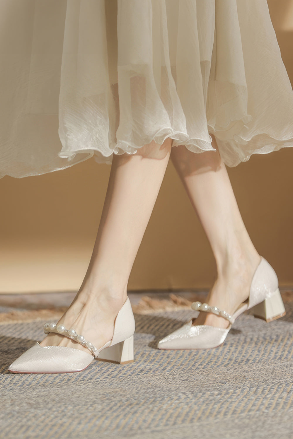 Pointed Toe Shoes with Pearl Strap and Block Heel - Apricot