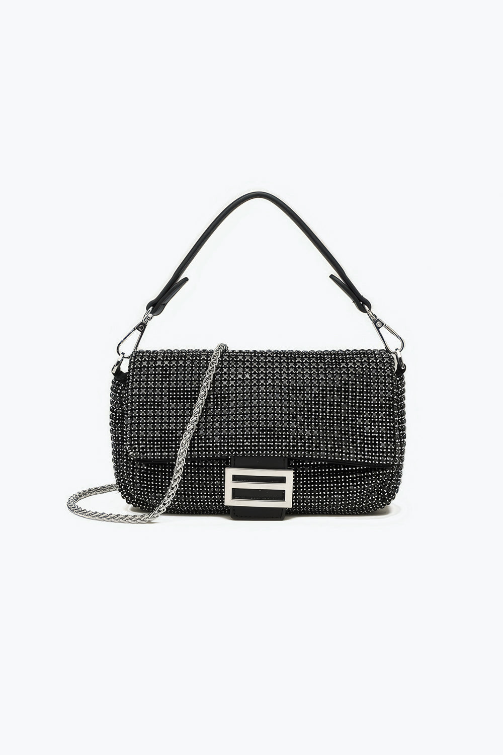 Crystal Embellished Rectangular Flap Bag with Buckle Detail