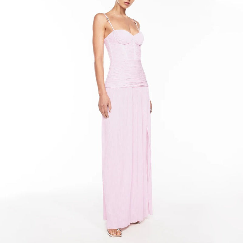 Maxi Dress with Ruched Corset and Pleated Skirt - Pink