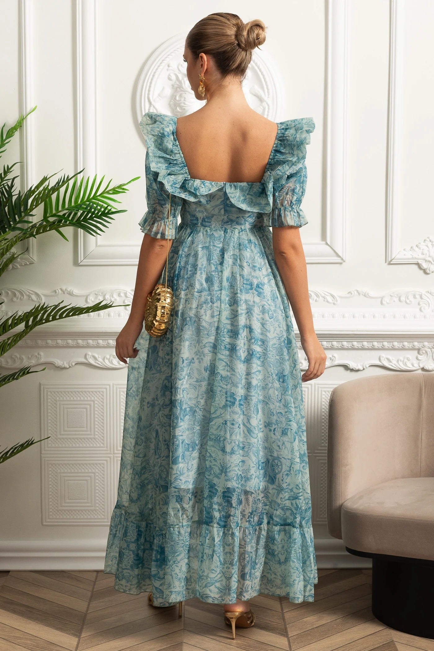 Floral Puff Sleeve Maxi Dress With Ruffle Back - Green