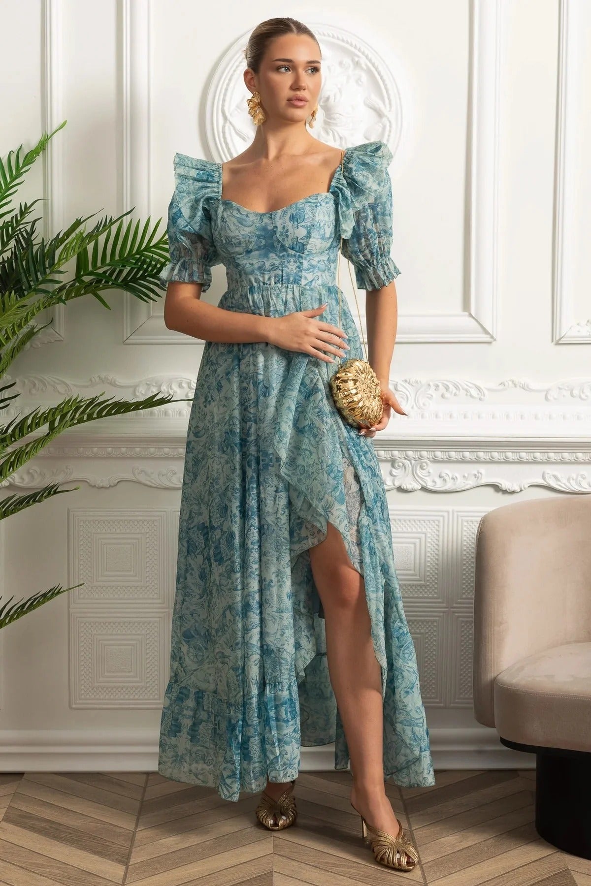 Floral Puff Sleeve Maxi Dress With Ruffle Back - Green