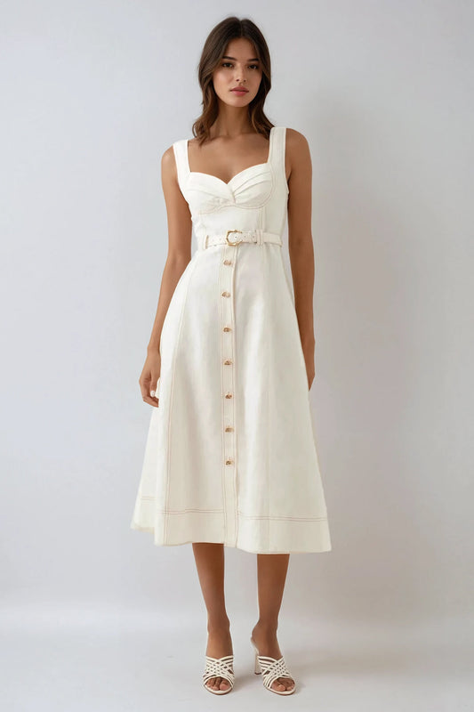 Sweetheart Neckline Button-Down Midi Dress - White