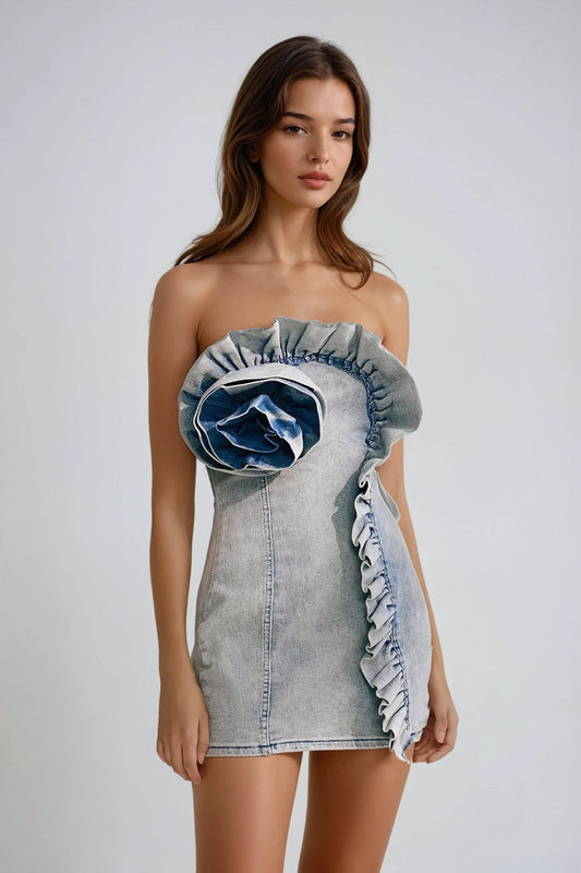Strapless Mini Dress with Ruffled Details -Blue