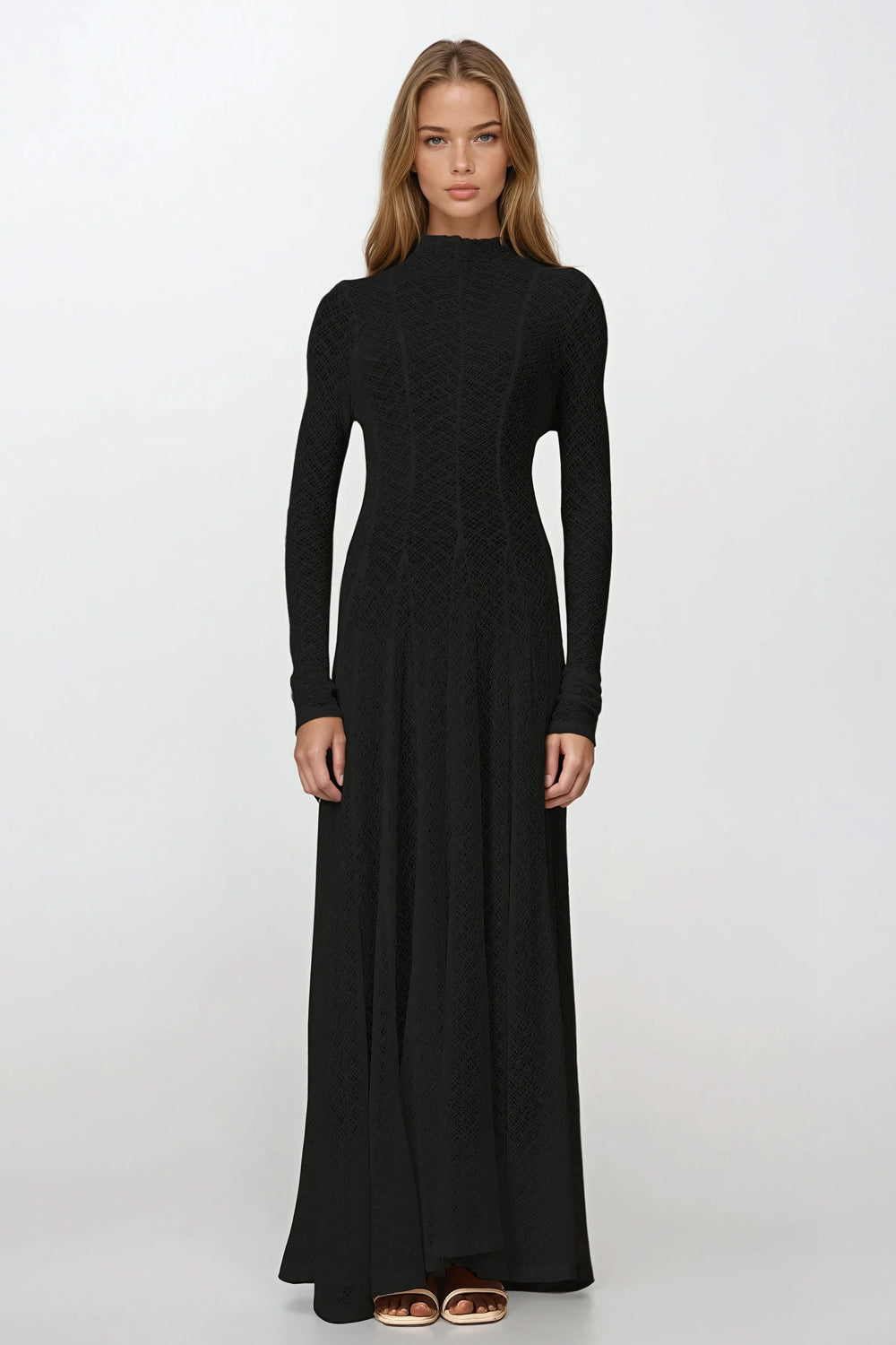 Long Sleeve High Neck Lace Maxi Dress - Black