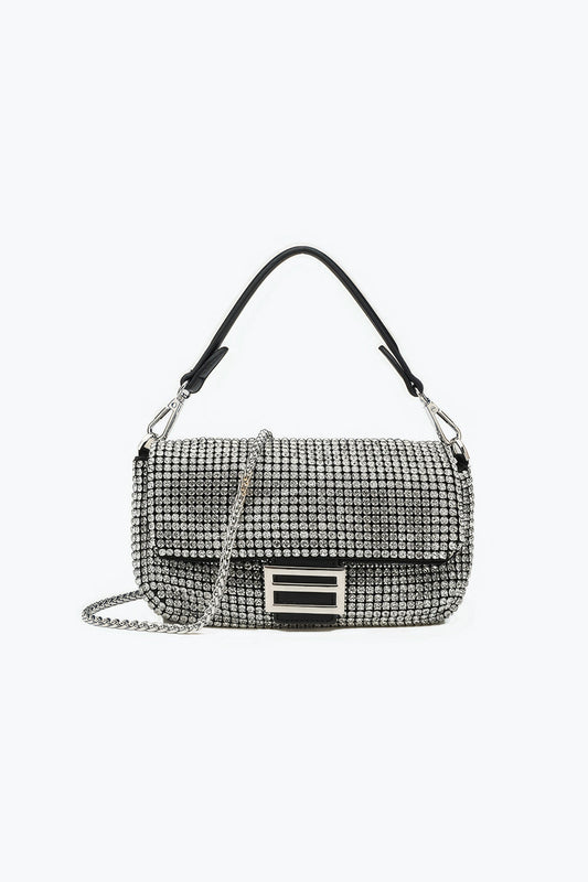 Crystal Embellished Rectangular Flap Bag with Buckle Detail