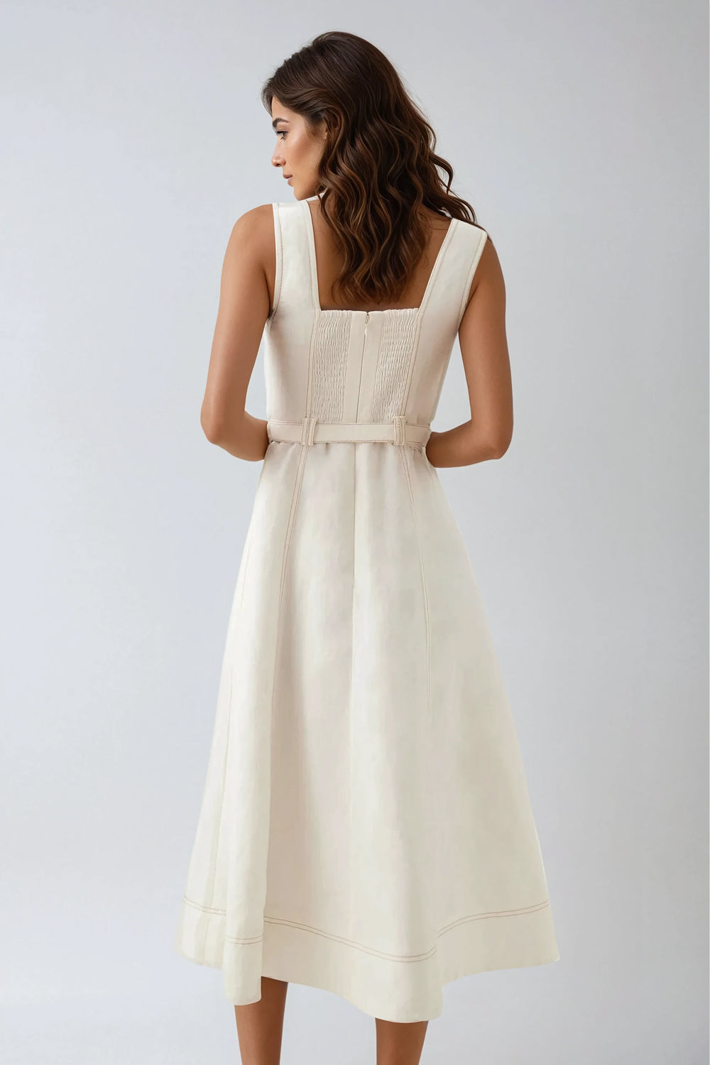 Sweetheart Neckline Button-Down Midi Dress - White