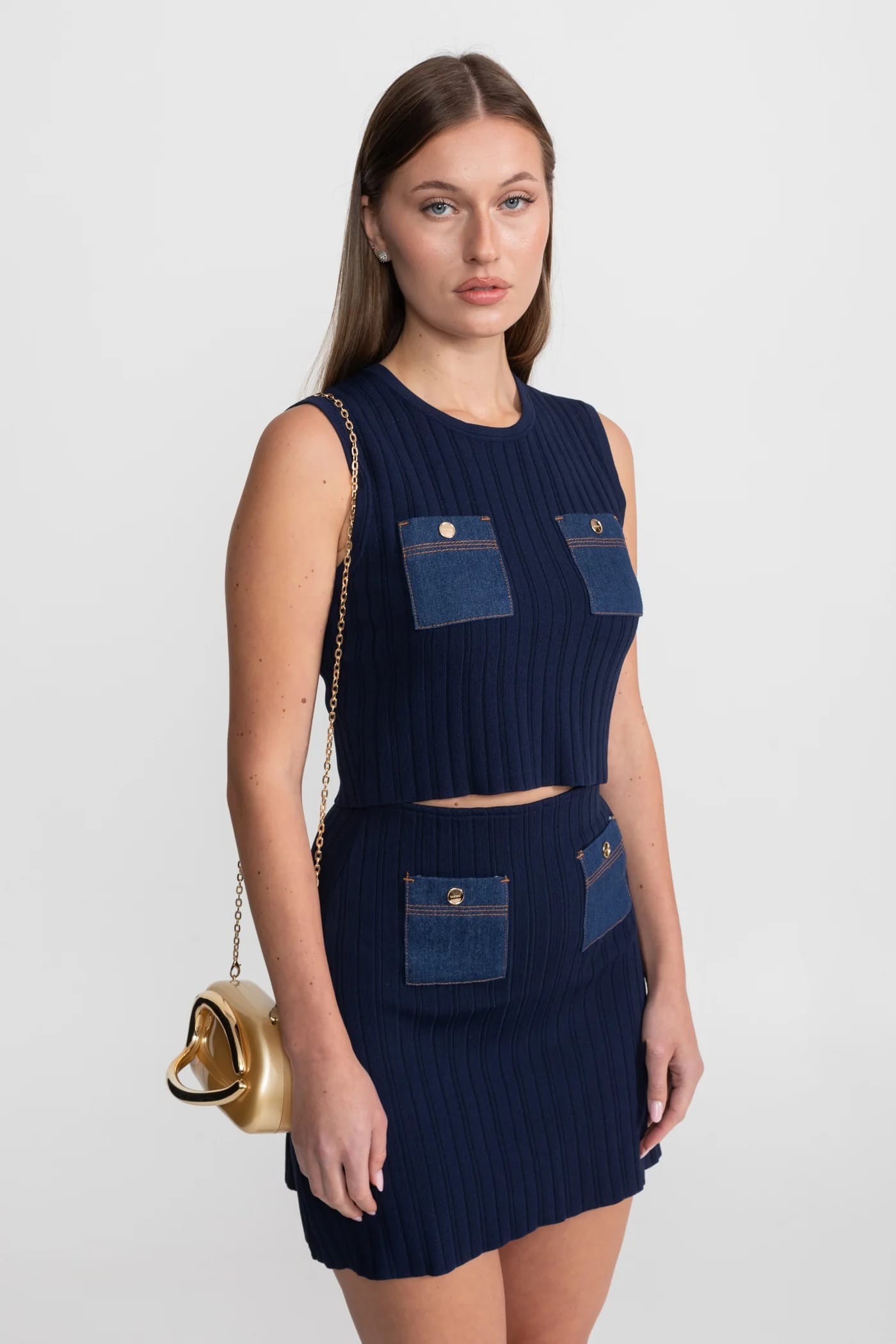 Two-Piece Set with Ribbed Sleeveless Top and Mini Skirt - Dark Blue