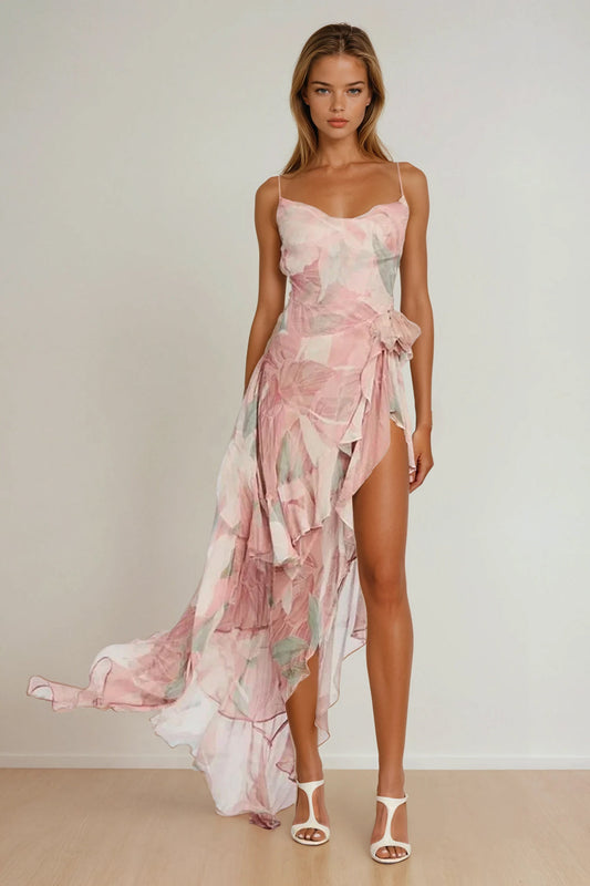 Asymmetrical Maxi Dress with Layered Ruffles and Floral Detail  - Pink
