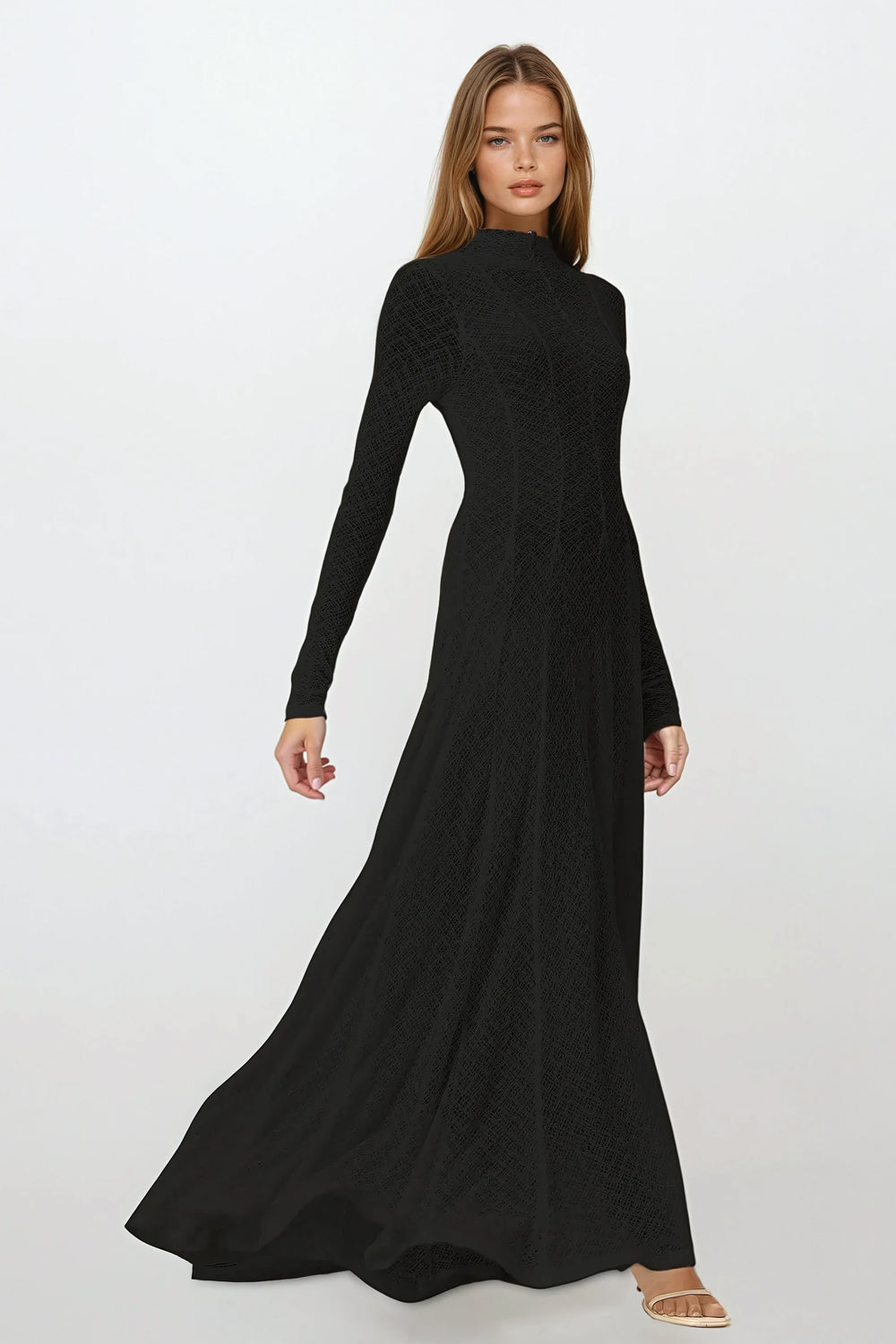 Long Sleeve High Neck Lace Maxi Dress - Black