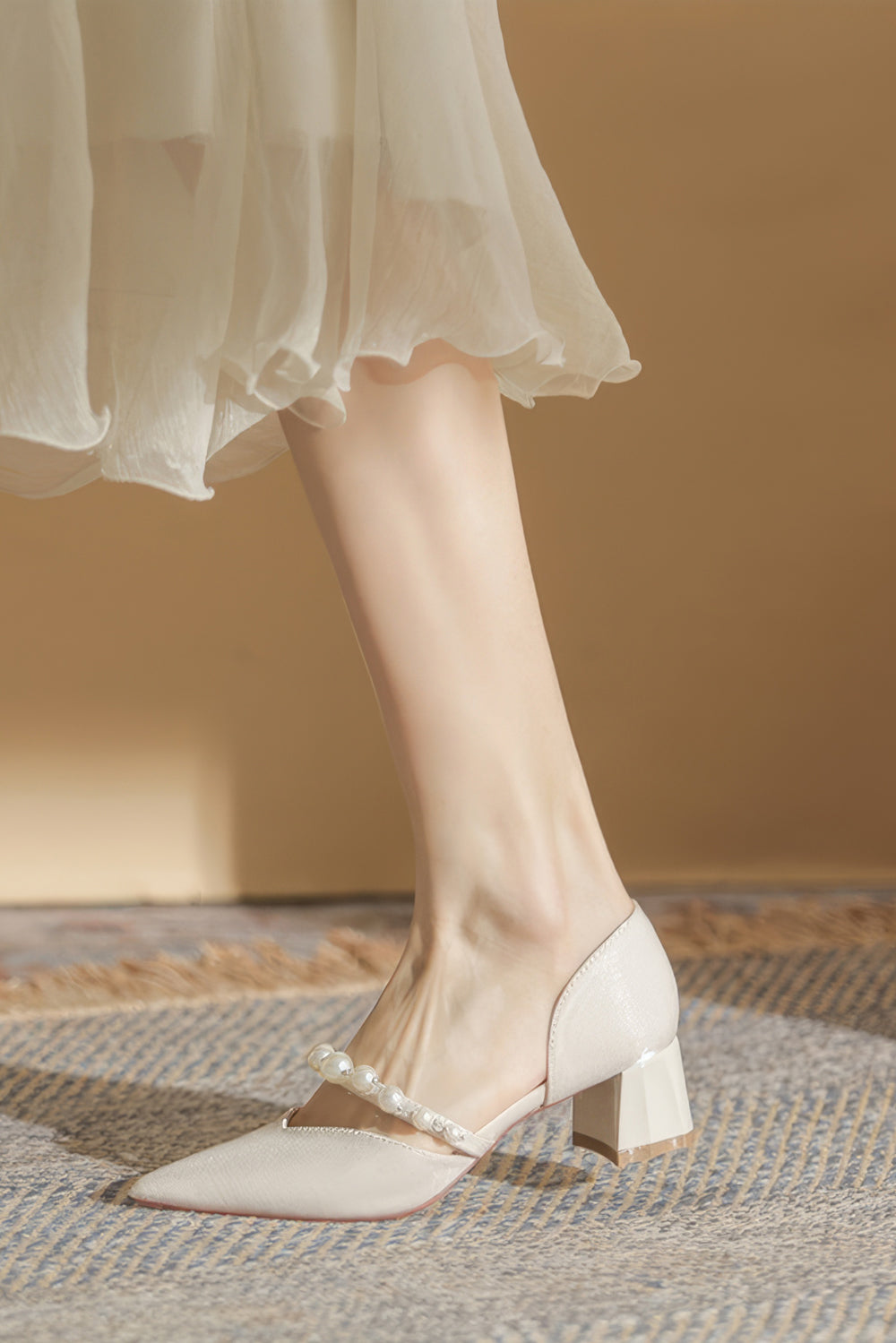 Pointed Toe Shoes with Pearl Strap and Block Heel - Apricot