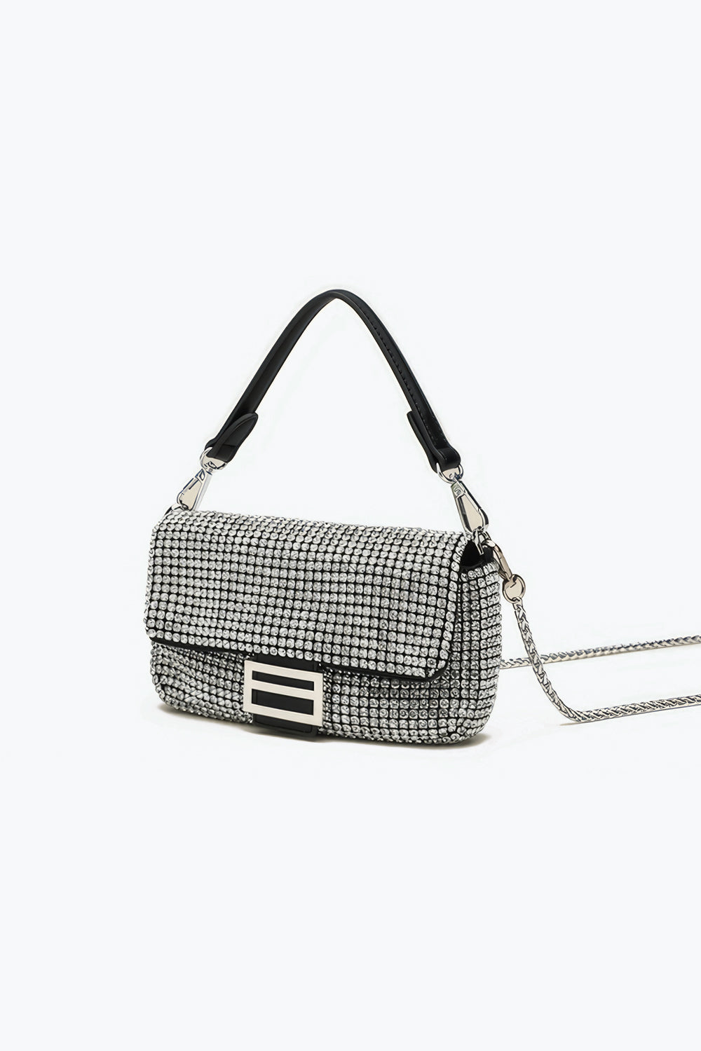 Crystal Embellished Rectangular Flap Bag with Buckle Detail