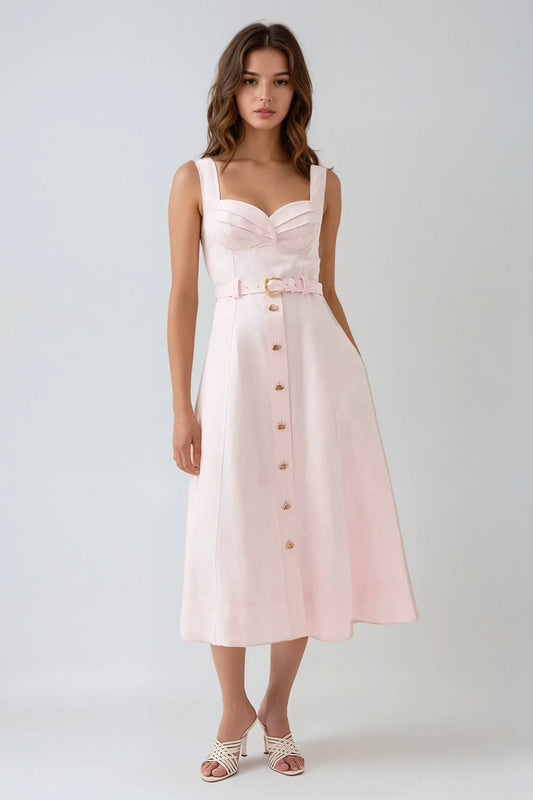 Sweetheart Neckline Button-Down Midi Dress - Pink