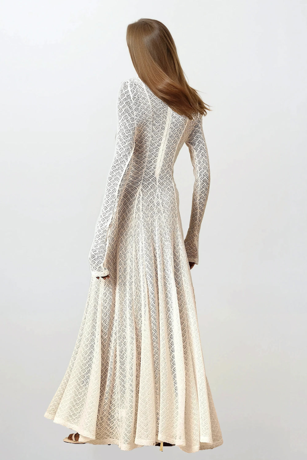Long Sleeve High Neck Lace Maxi Dress - White