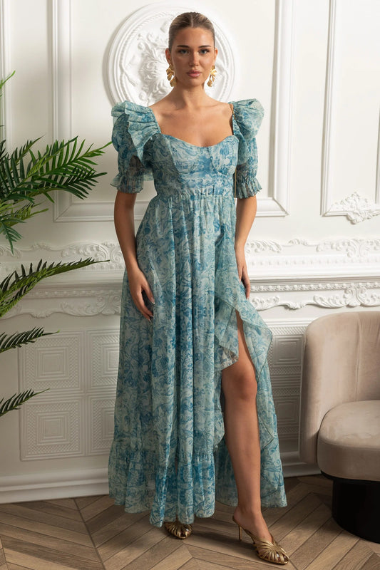 Floral Puff Sleeve Maxi Dress With Ruffle Back - Green