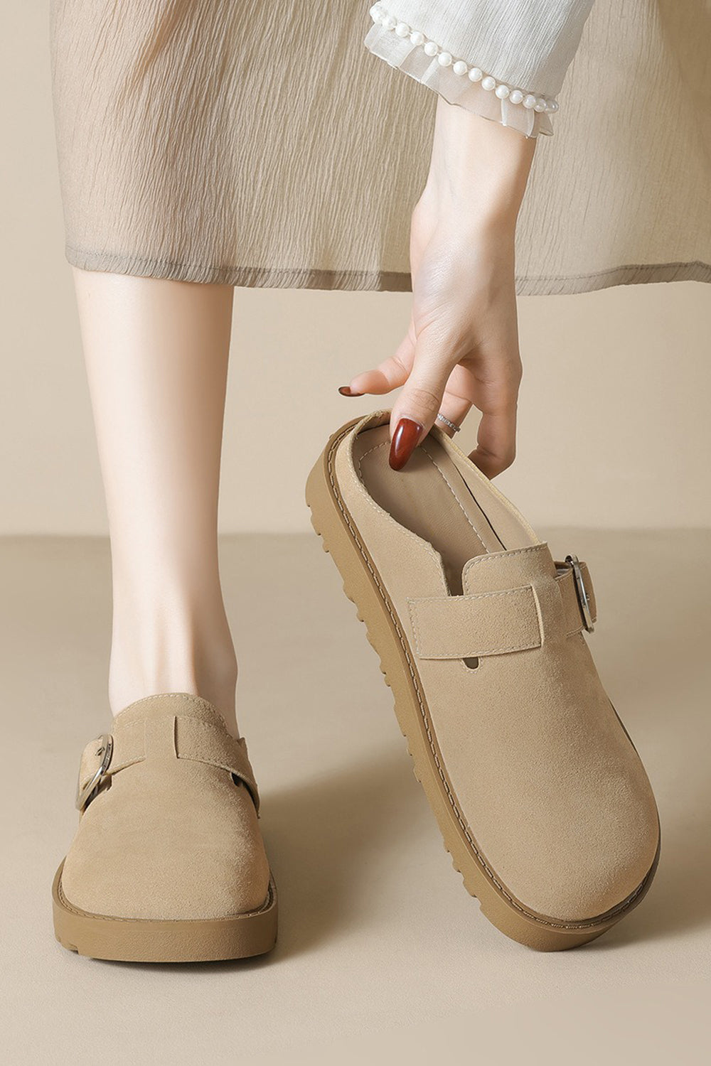 Buckled Slide-On Loafers - Beige