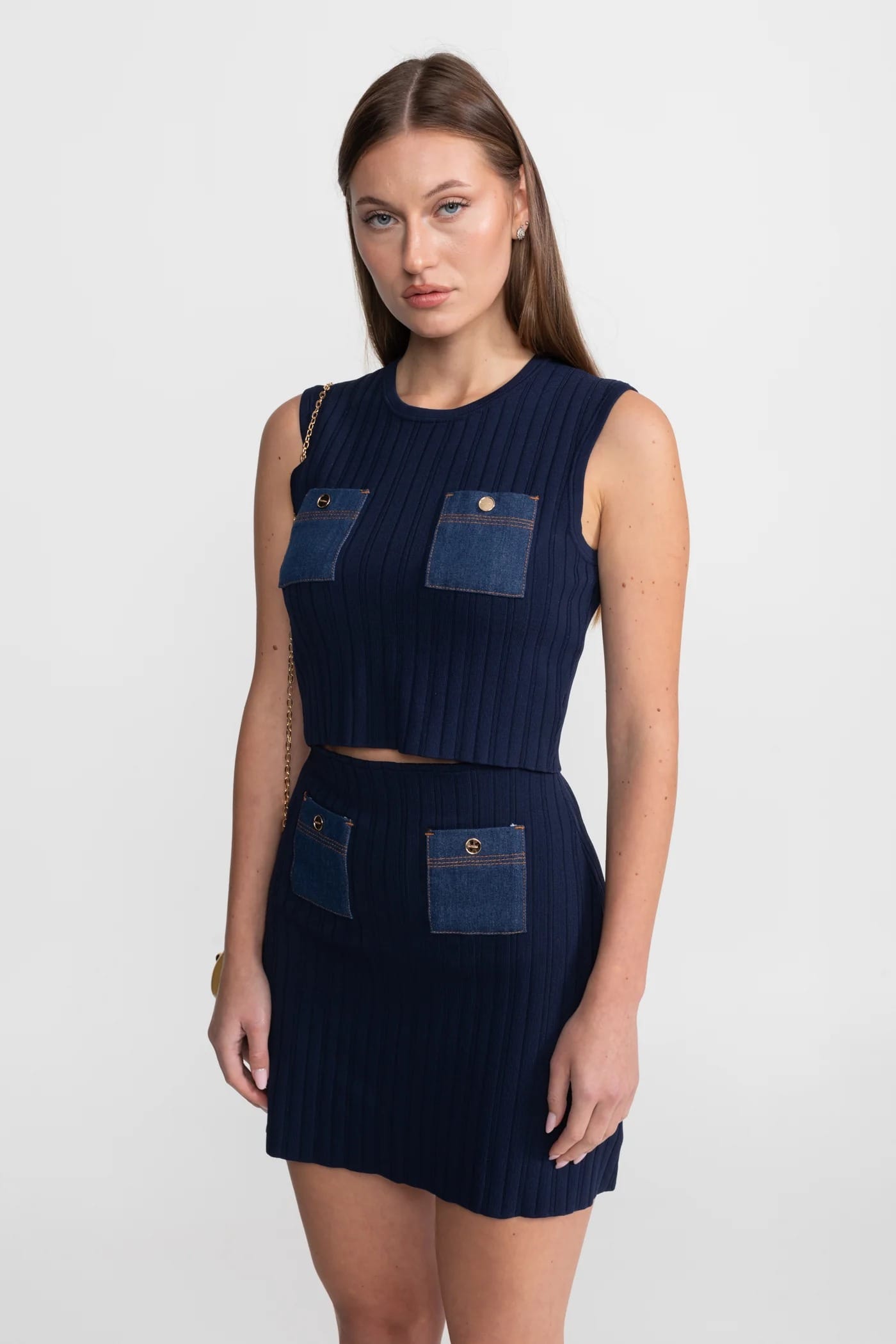 Two-Piece Set with Ribbed Sleeveless Top and Mini Skirt - Dark Blue