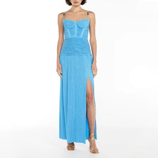 Maxi Dress with Ruched Corset and Pleated Skirt - Blue