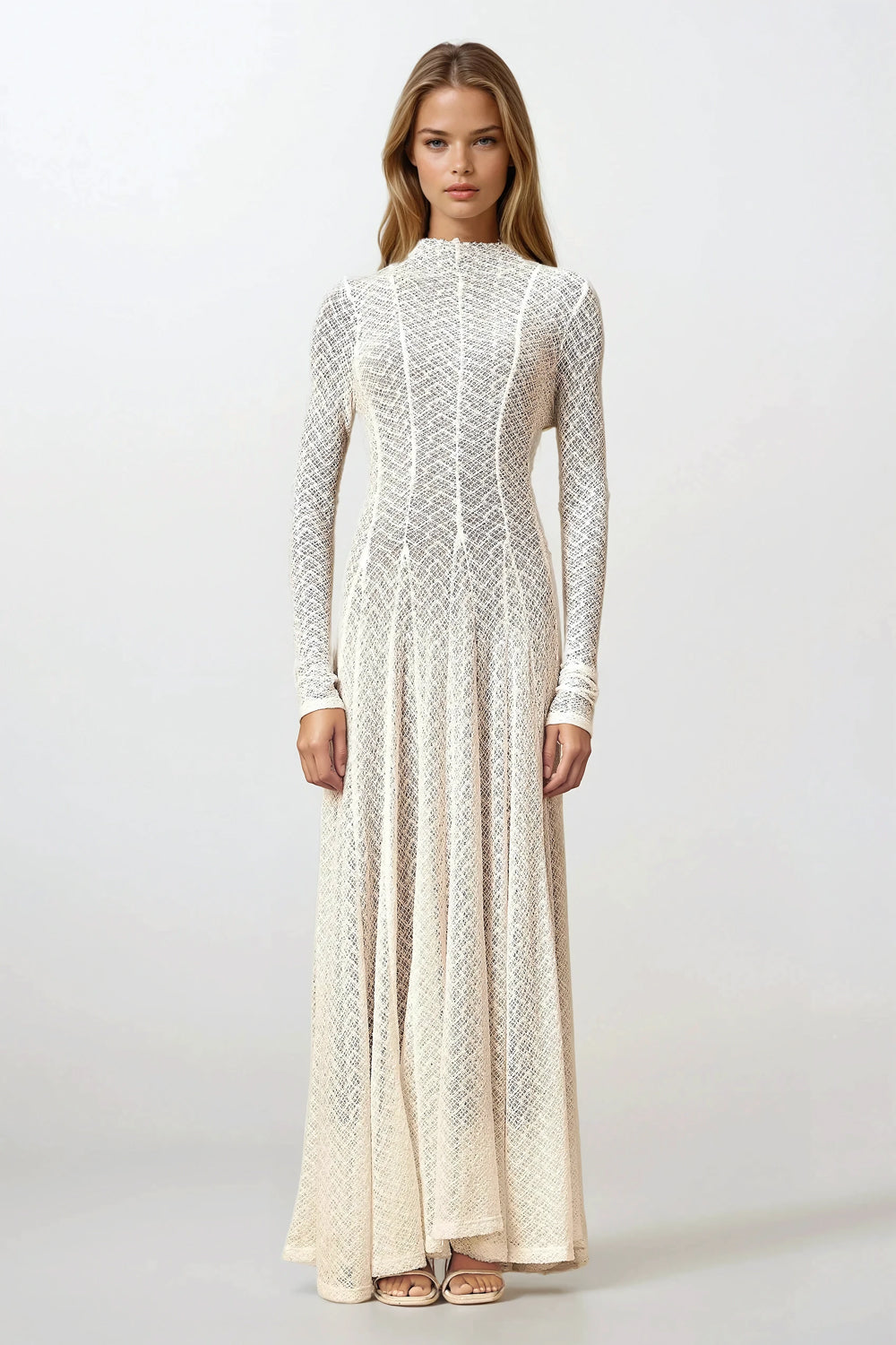 Long Sleeve High Neck Lace Maxi Dress - White
