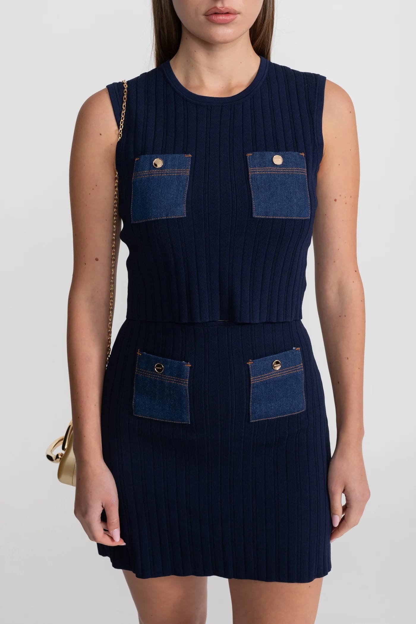 Two-Piece Set with Ribbed Sleeveless Top and Mini Skirt - Dark Blue