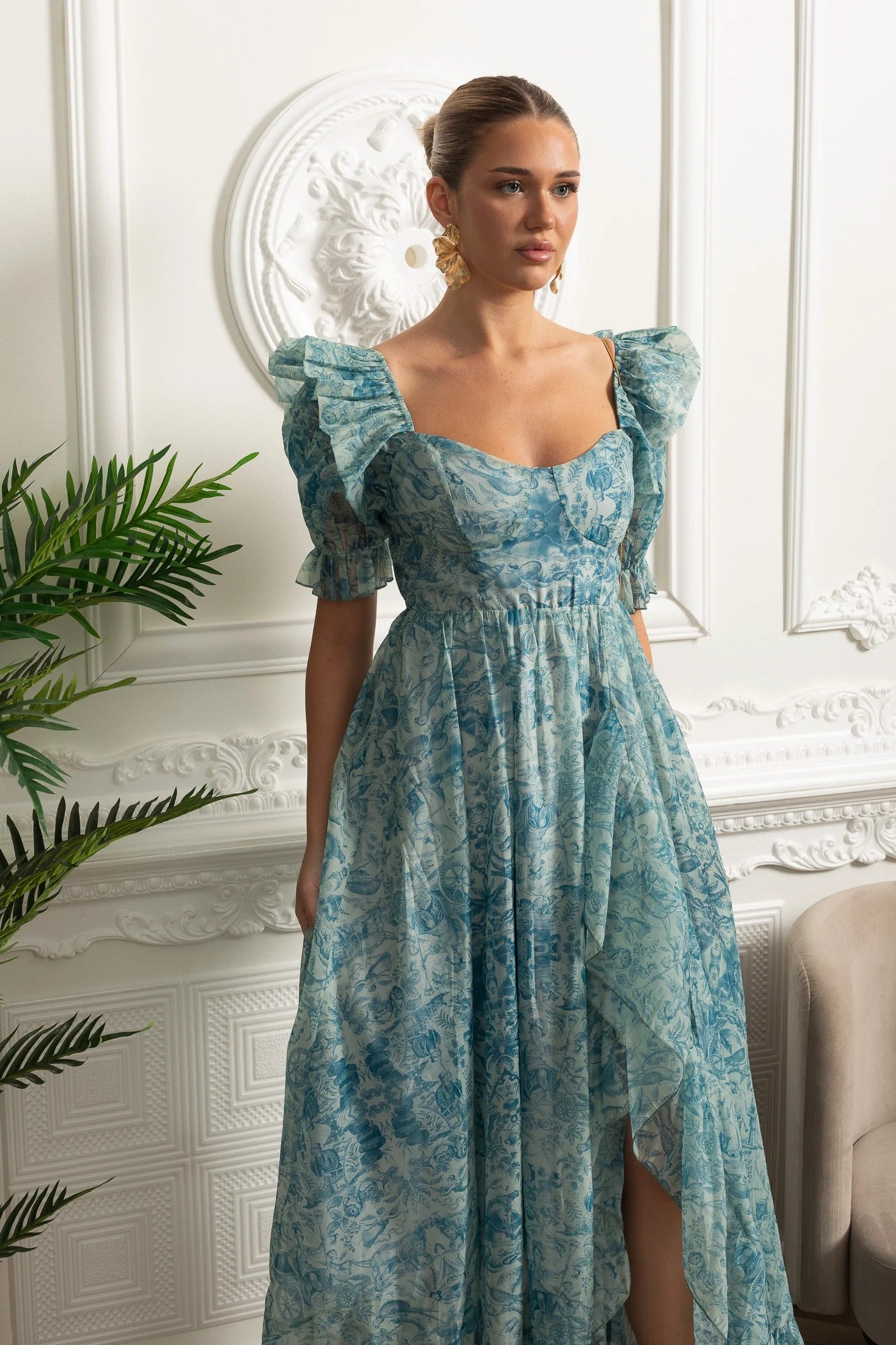 Floral Puff Sleeve Maxi Dress With Ruffle Back - Green