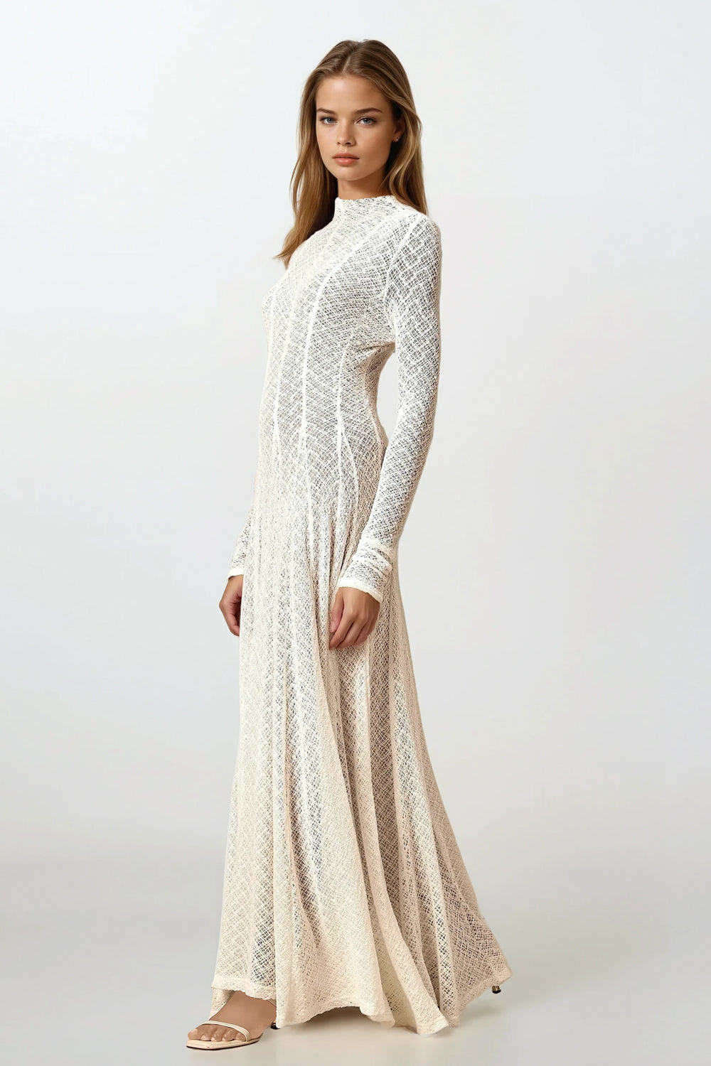 Long Sleeve High Neck Lace Maxi Dress - White