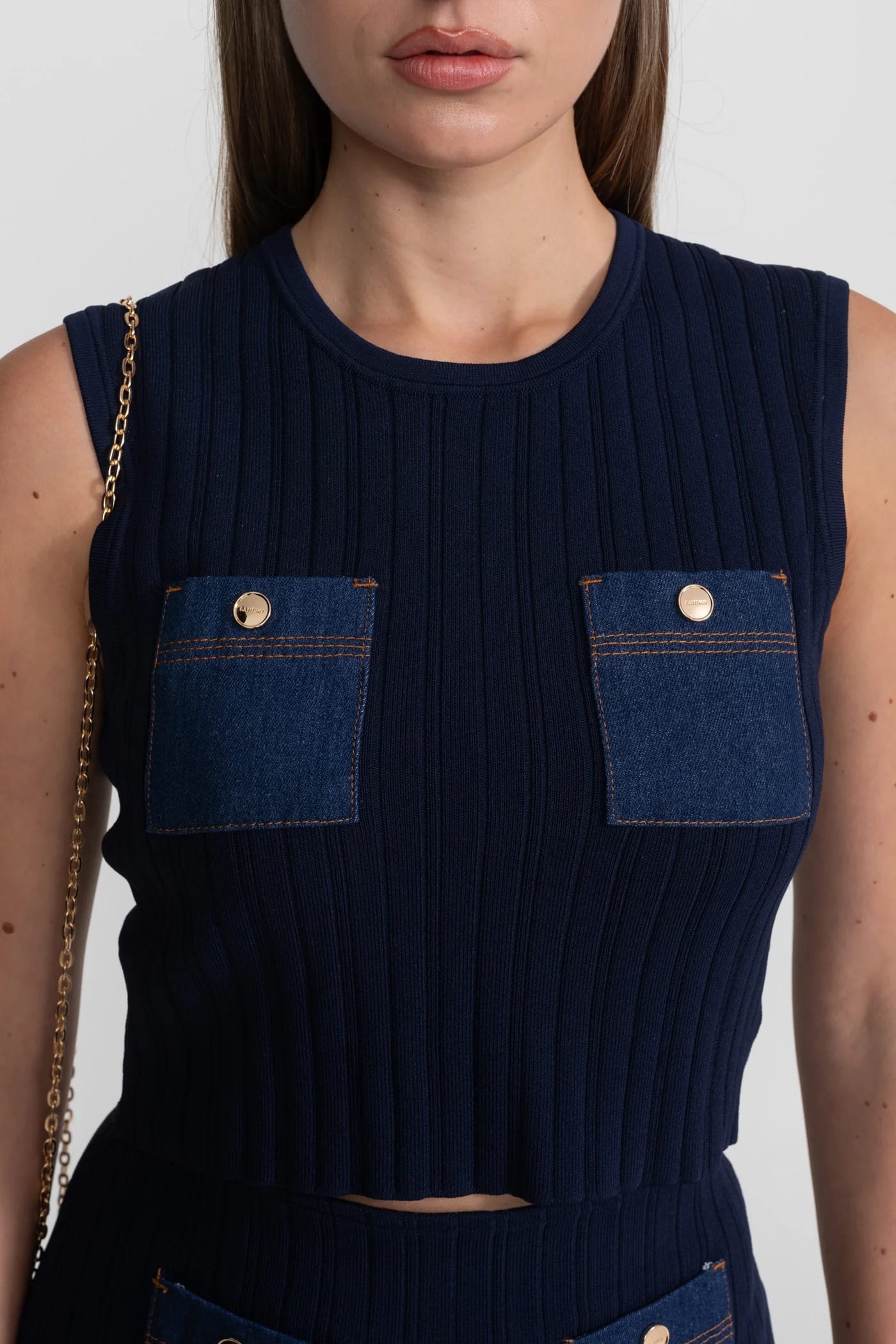 Two-Piece Set with Ribbed Sleeveless Top and Mini Skirt - Dark Blue
