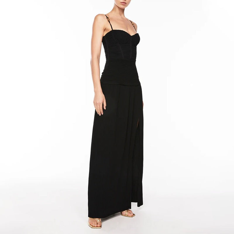 Maxi Dress with Ruched Corset and Pleated Skirt - Black
