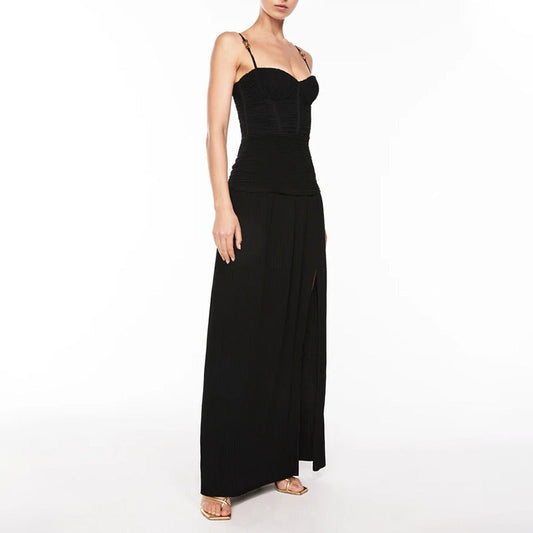 Maxi Dress with Ruched Corset and Pleated Skirt - Black
