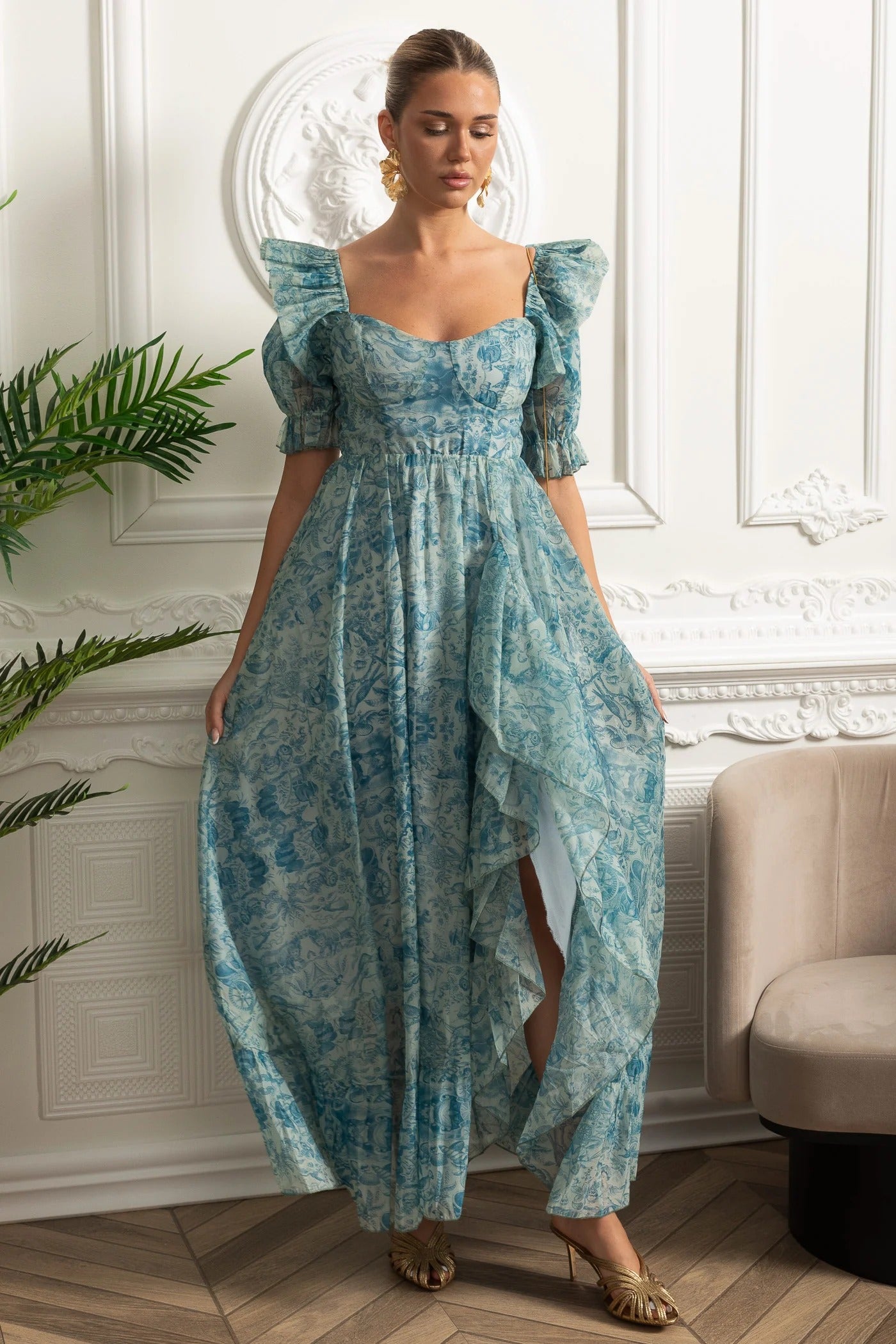 Floral Puff Sleeve Maxi Dress With Ruffle Back - Green