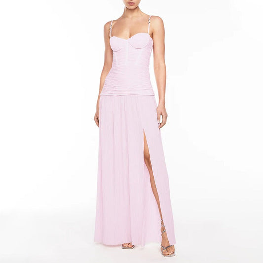 Maxi Dress with Ruched Corset and Pleated Skirt - Pink