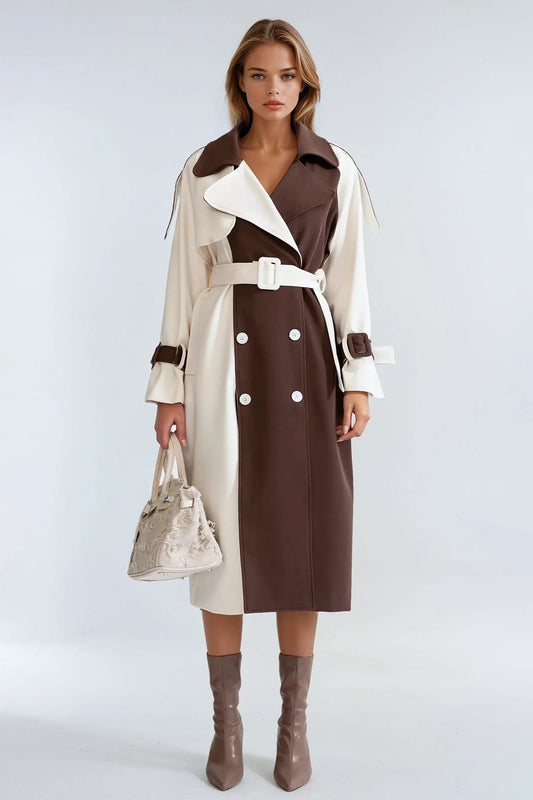 Double-Breasted Belted Long Coat - Brown