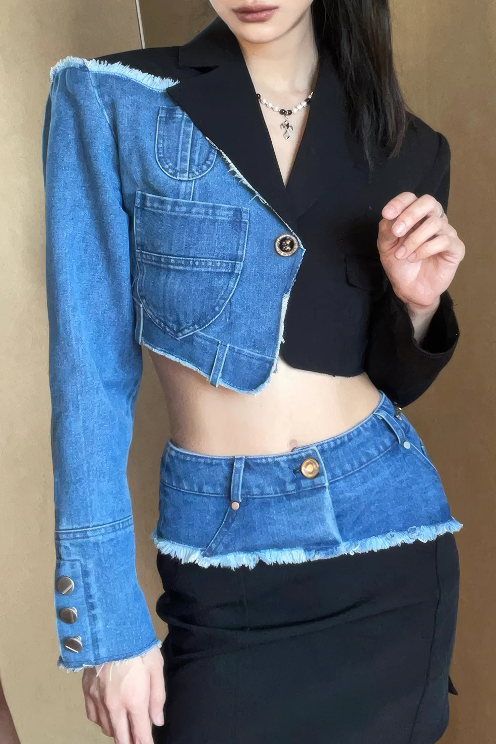 Asymmetrical Denim Tailored Top and Skirt Co-Ord Set