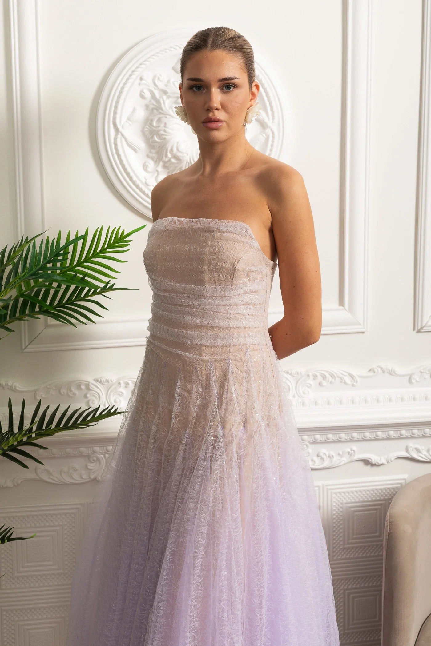 Strapless Sequin Midi Dress With Corset Bodice - Purple