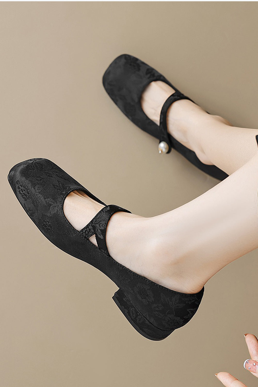 Floral Textured Shoes with Pearl Button Strap - Black