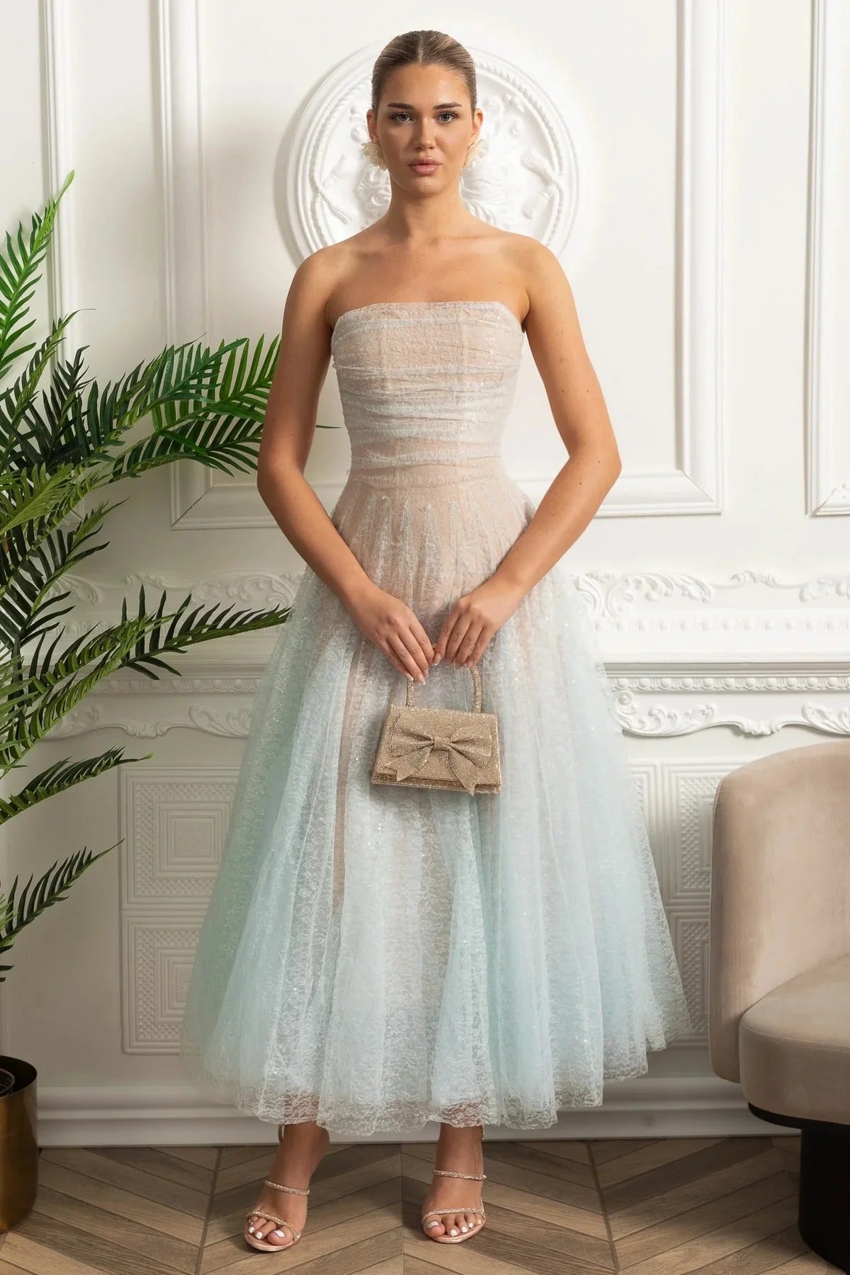 Strapless Sequin Midi Dress With Corset Bodice - Blue