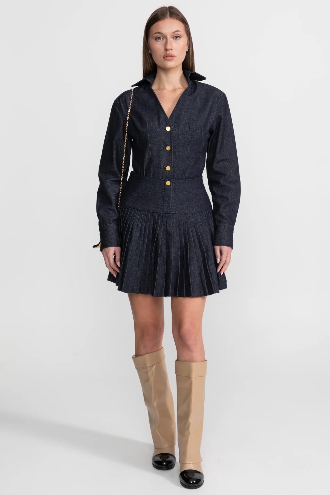 Two-Piece Set with Button-Up Long Sleeve Top and Pleated Skirt - Dark Blue