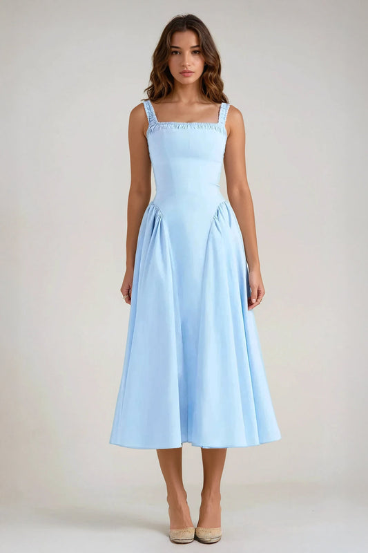 Ruched Strap Midi Dress - Blue