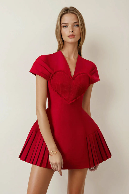 Mini Dress with Pleated Hem and Heart Detail - Red