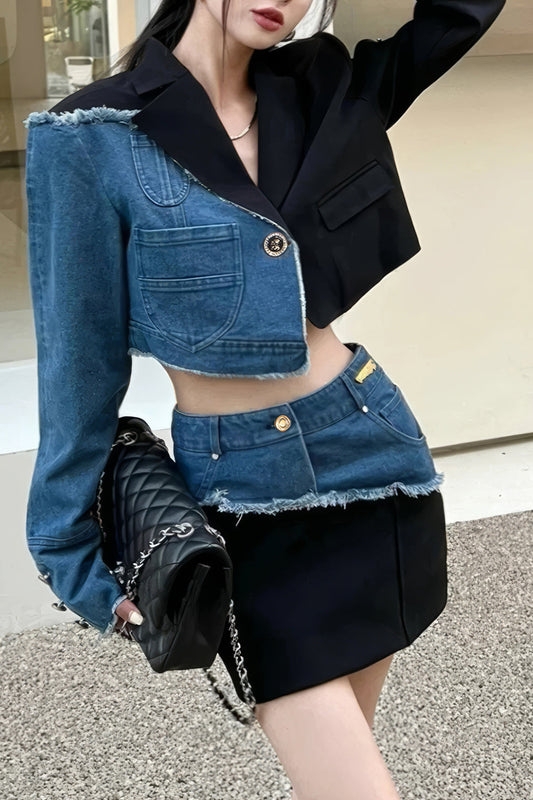 Asymmetrical Denim Tailored Top and Skirt Co-Ord Set