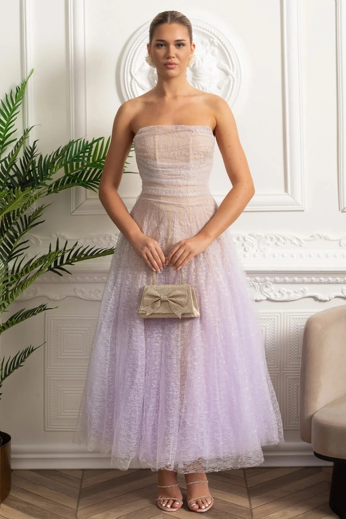 Strapless Sequin Midi Dress With Corset Bodice - Purple