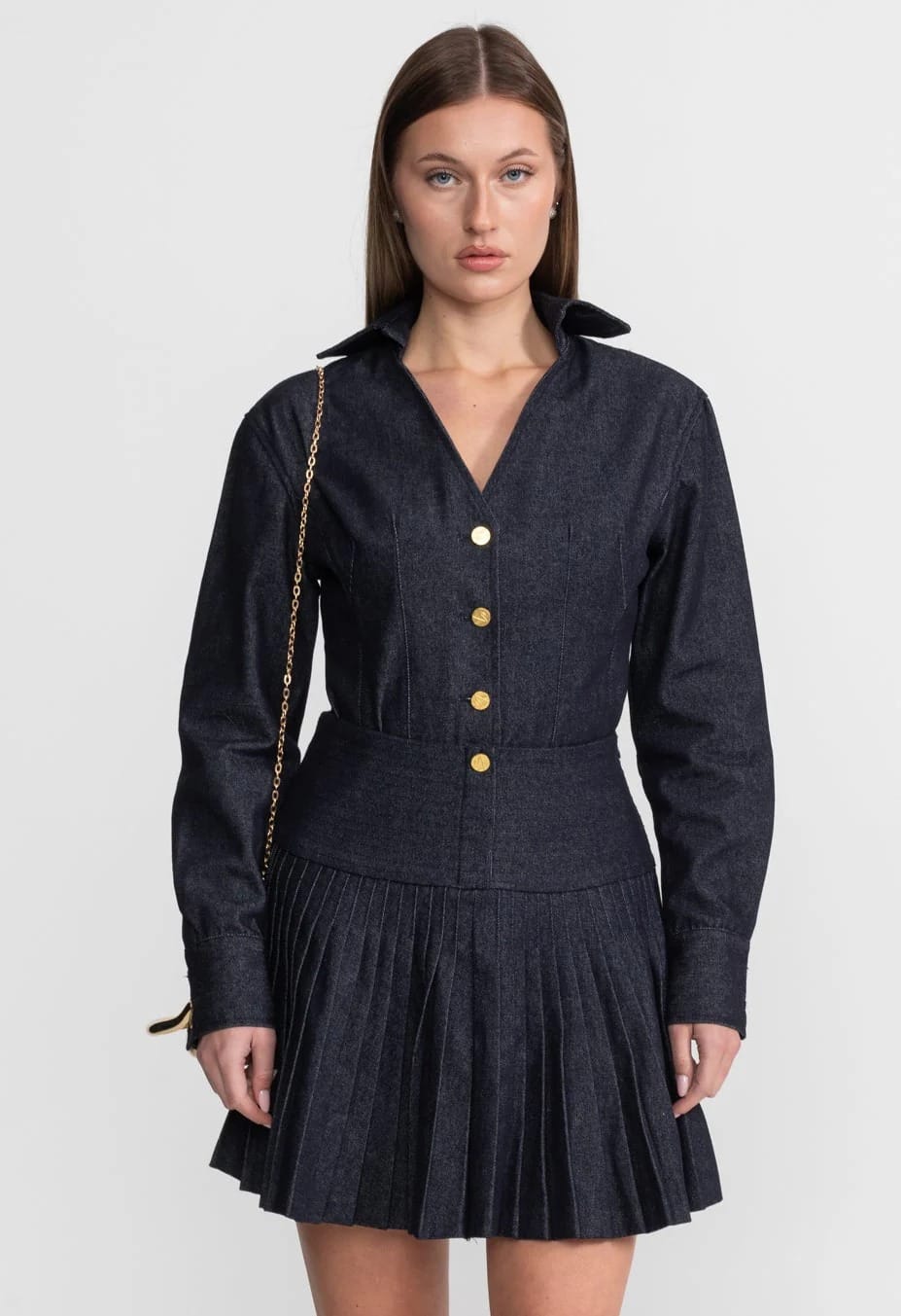 Two-Piece Set with Button-Up Long Sleeve Top and Pleated Skirt - Dark Blue