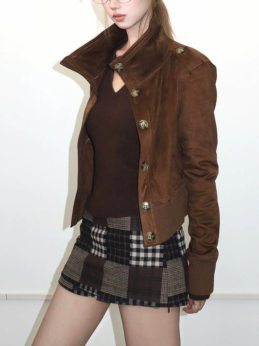 Button-Up Suede Jacket with Ribbed Hem - Brown
