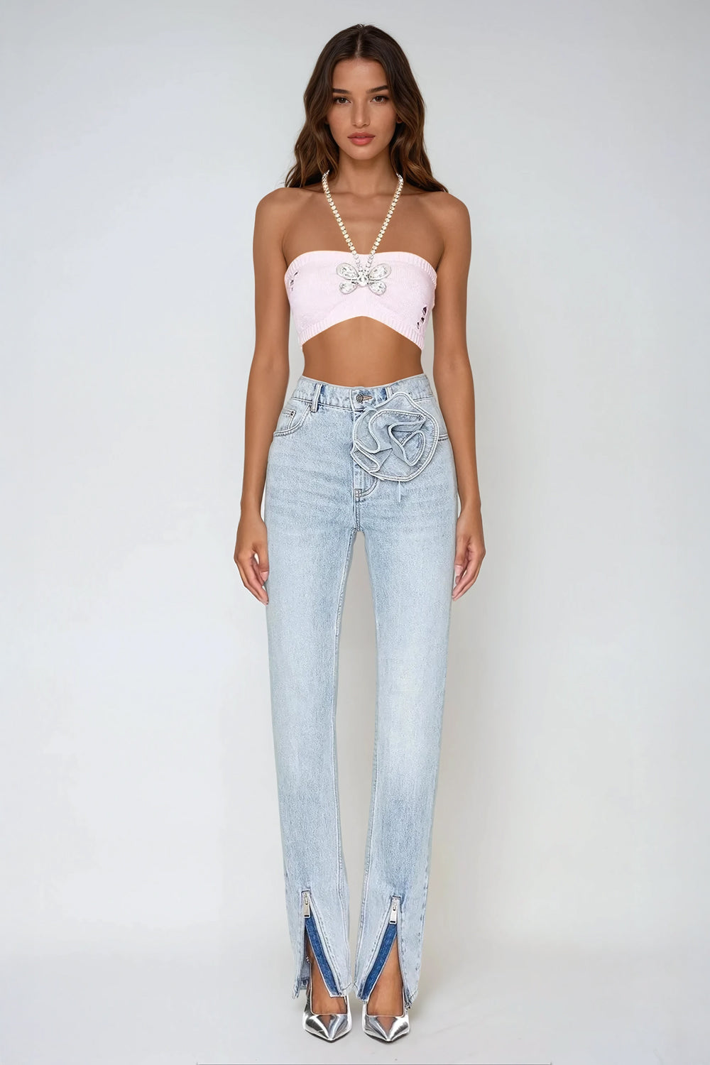 High-Waisted Jeans with Floral Accent - Blue