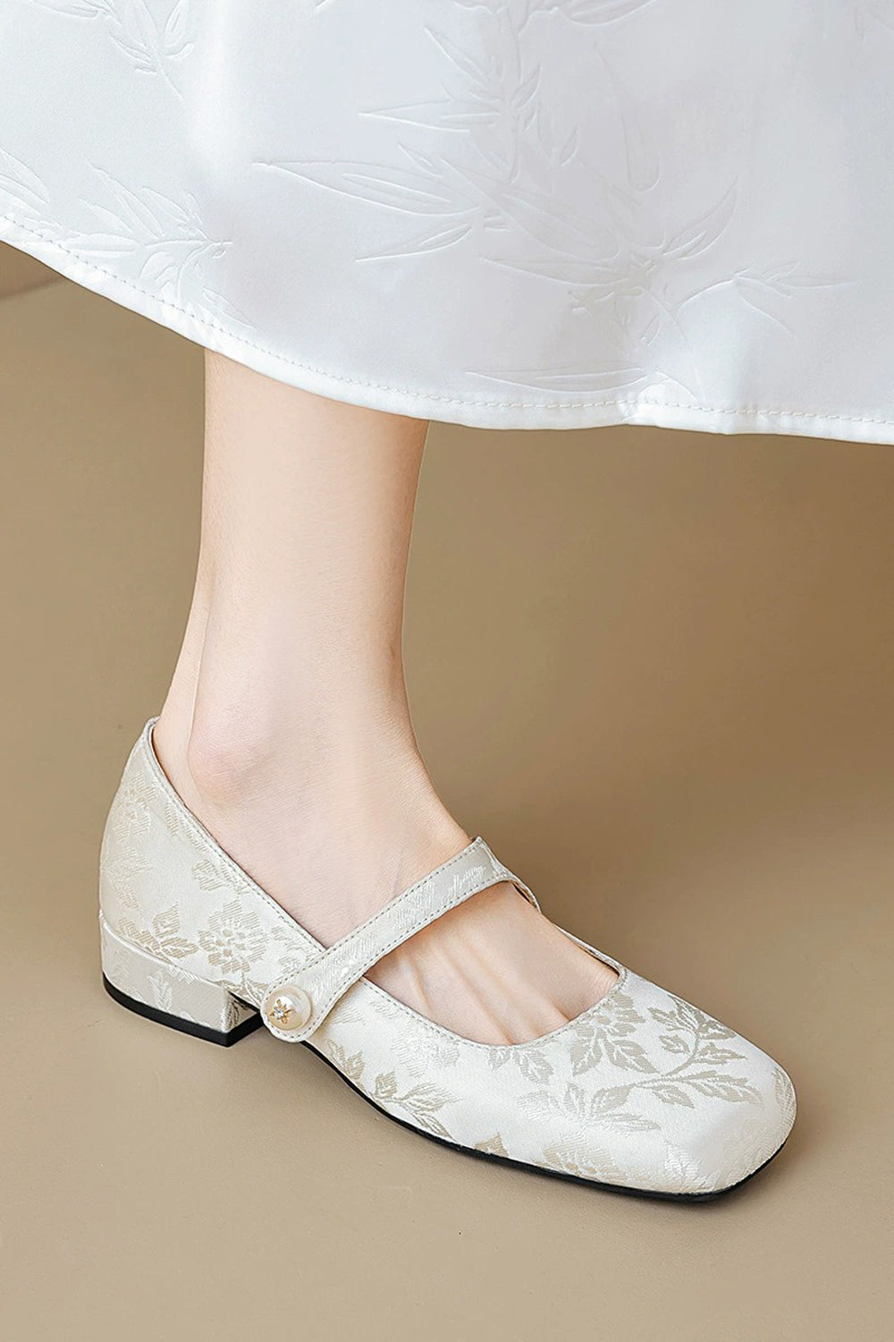 Floral Textured Shoes with Pearl Button Strap - Ivory