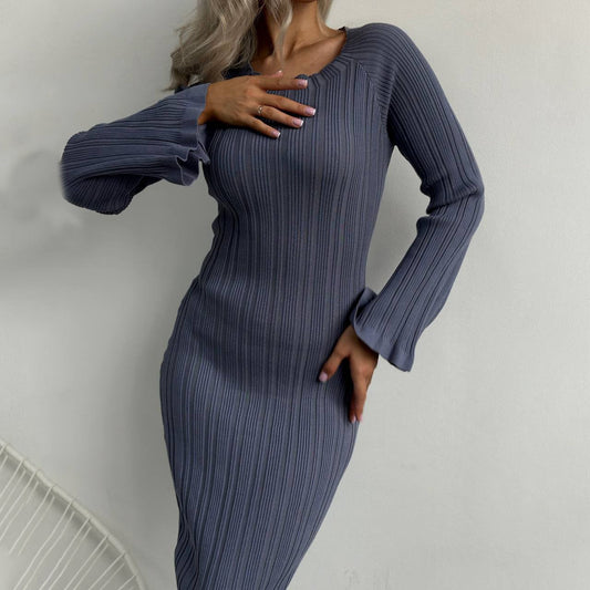 Ribbed Maxi Dress with Bell Sleeves - Blue