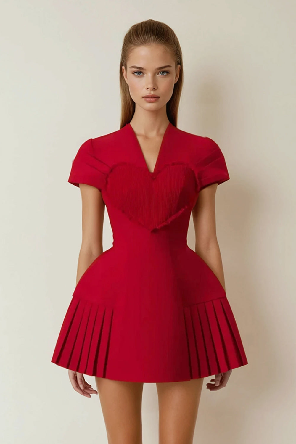 Mini Dress with Pleated Hem and Heart Detail - Red