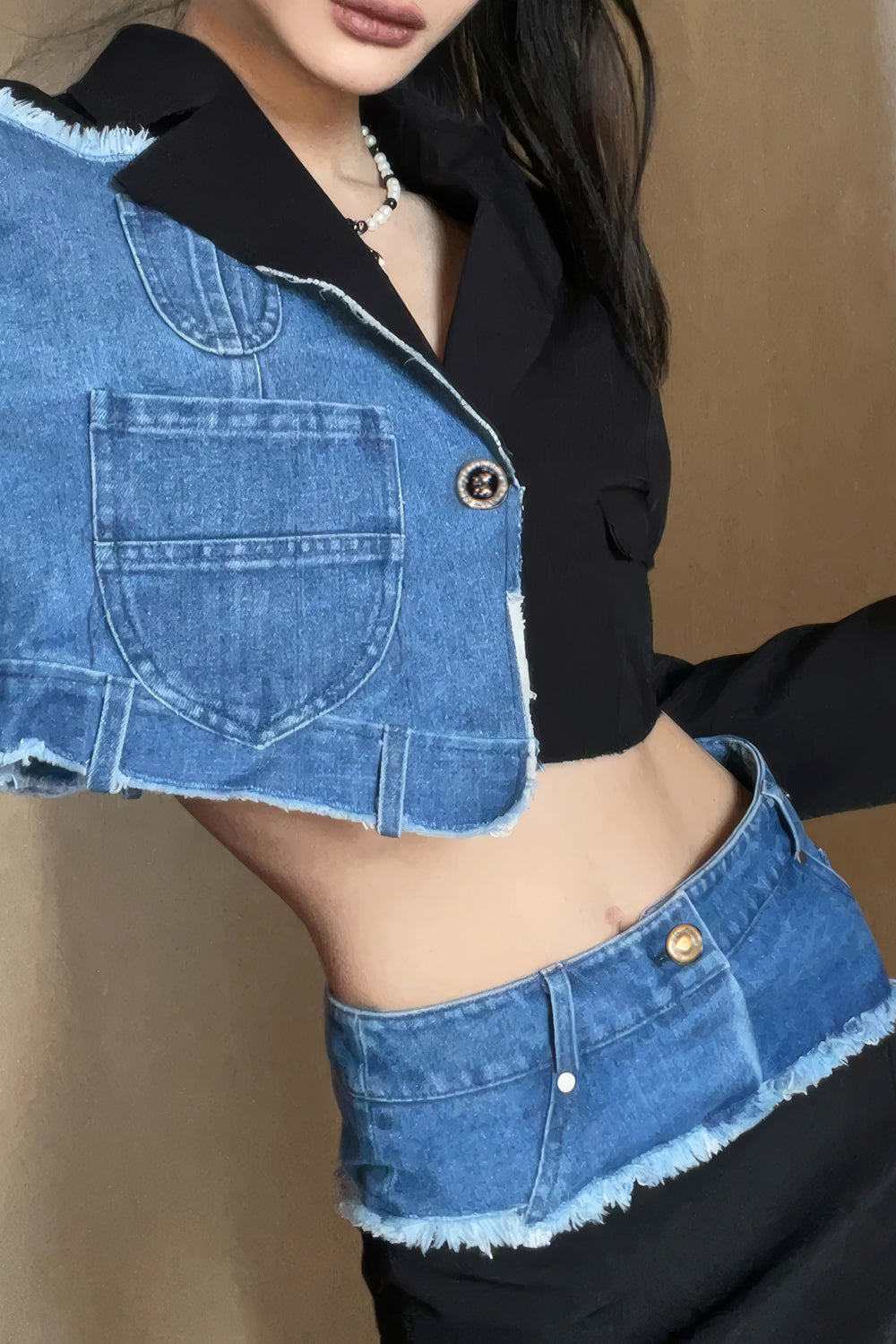 Asymmetrical Denim Tailored Top and Skirt Co-Ord Set