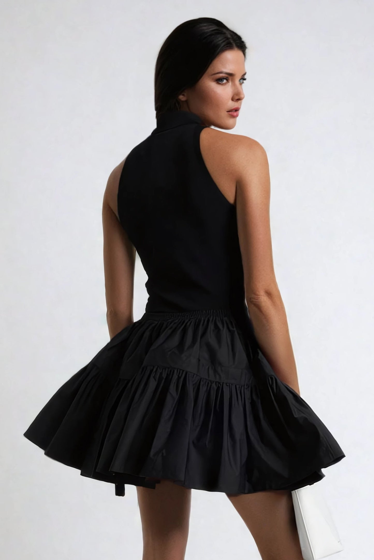 Ruffled Tiered Mini Skirt with Elastic Waist - Black