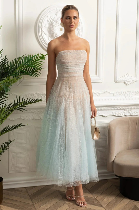 Strapless Sequin Midi Dress With Corset Bodice - Blue